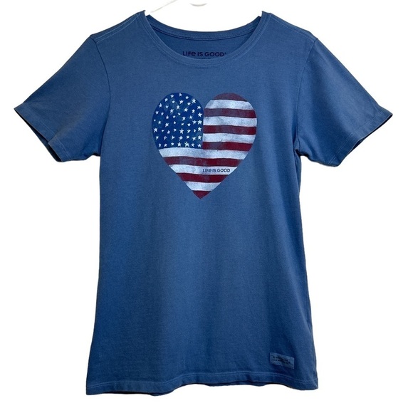 Life Is Good Womens Blue USA Flag Heart Graphic T-Shirt Patriotic Americana XS - Picture 1 of 9
